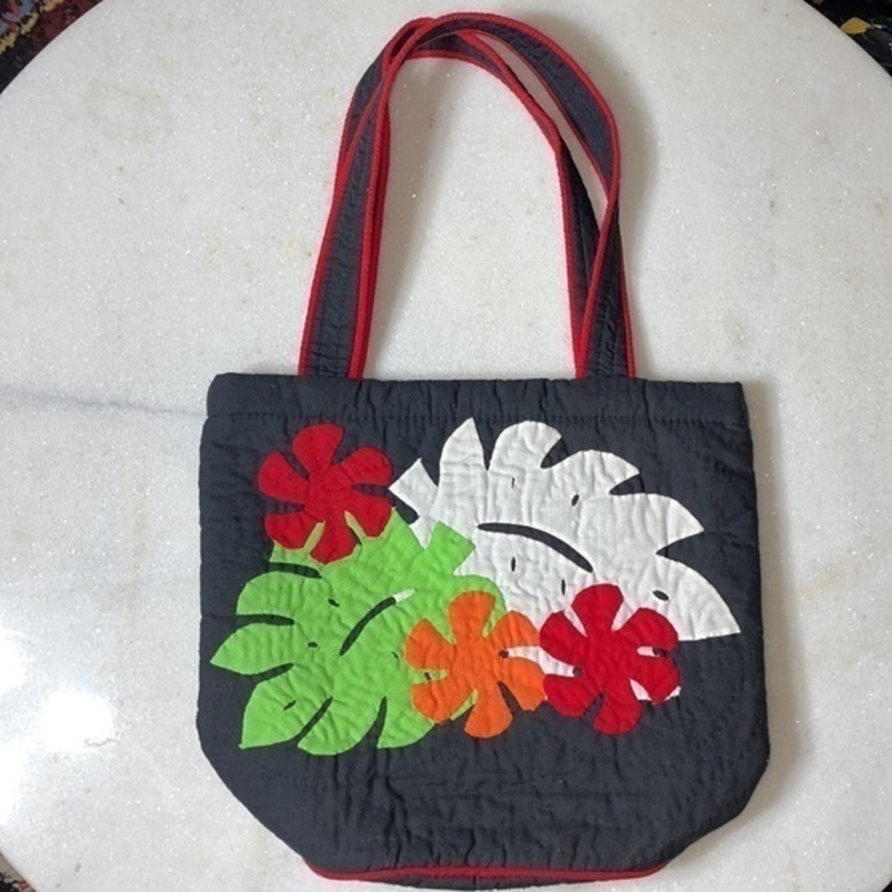 Handmade Aloha Hawaii Quilted Appliqué Tropical Leaf Shoulder Tote Bag Purse